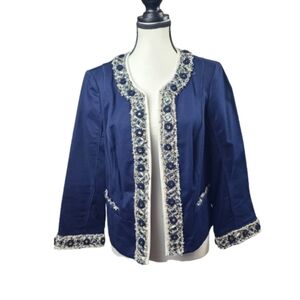 White House Black Market Embellished Navy Jacket Eye Hook Wear Open or Closed